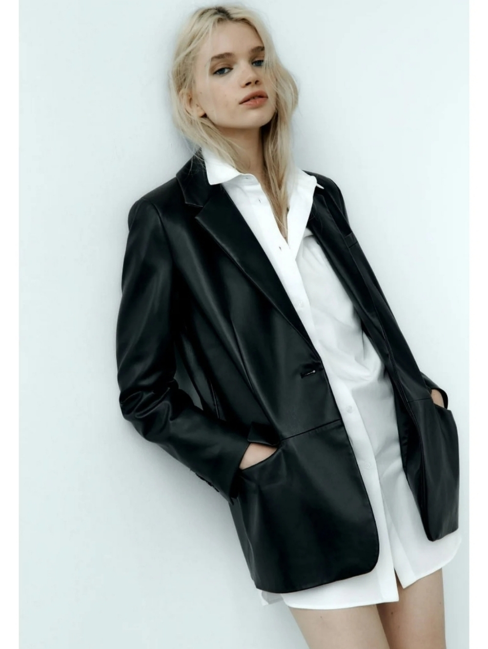 Zara 90s Menswear Long Black Faux Leather Jacket Notched Collar Size XS XSmall